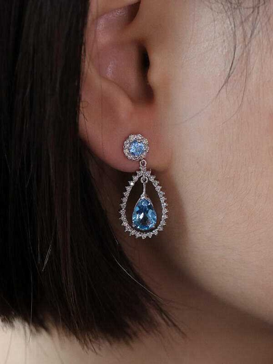 Stones & Gold Earrings | Blue Topaz Chandelier Dangle Diamond Earrings