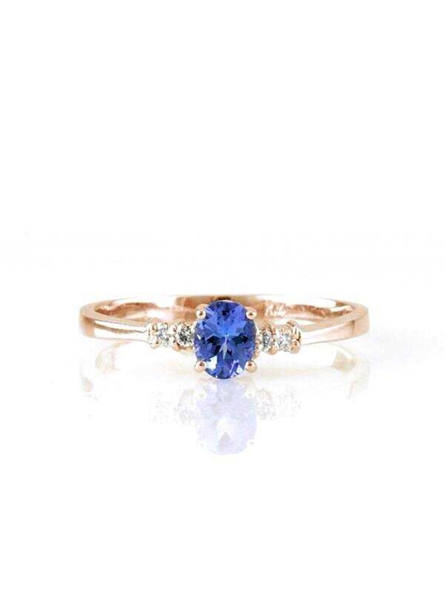 Stones & Gold Rings | 5X3Mm Tanzanite And Diamond Engagement Solid Gold (14Kw) Colored Stone Wedding Ring