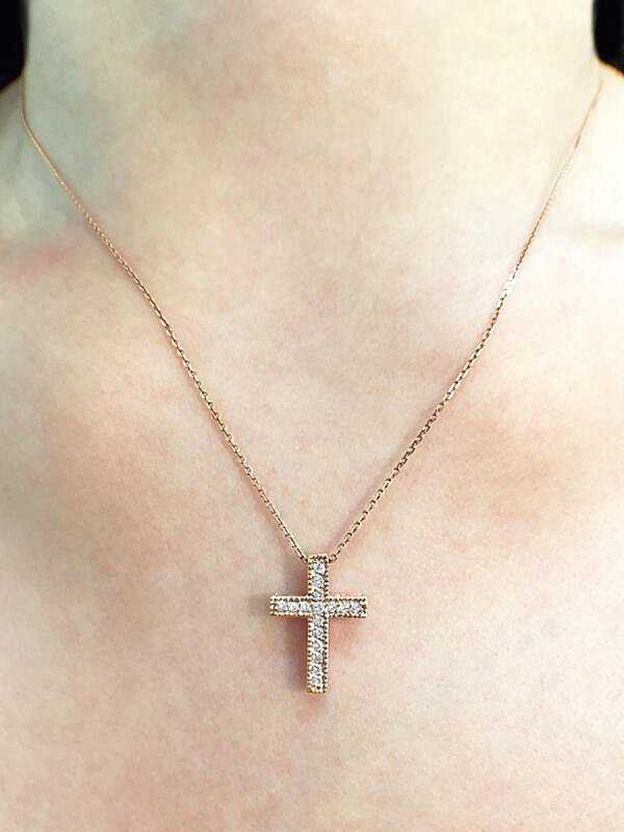 Stones & Gold Necklaces | Cross Diamond Pendant Solid Gold (14Kr) With Bonus 14Kr Chain Religious Necklace