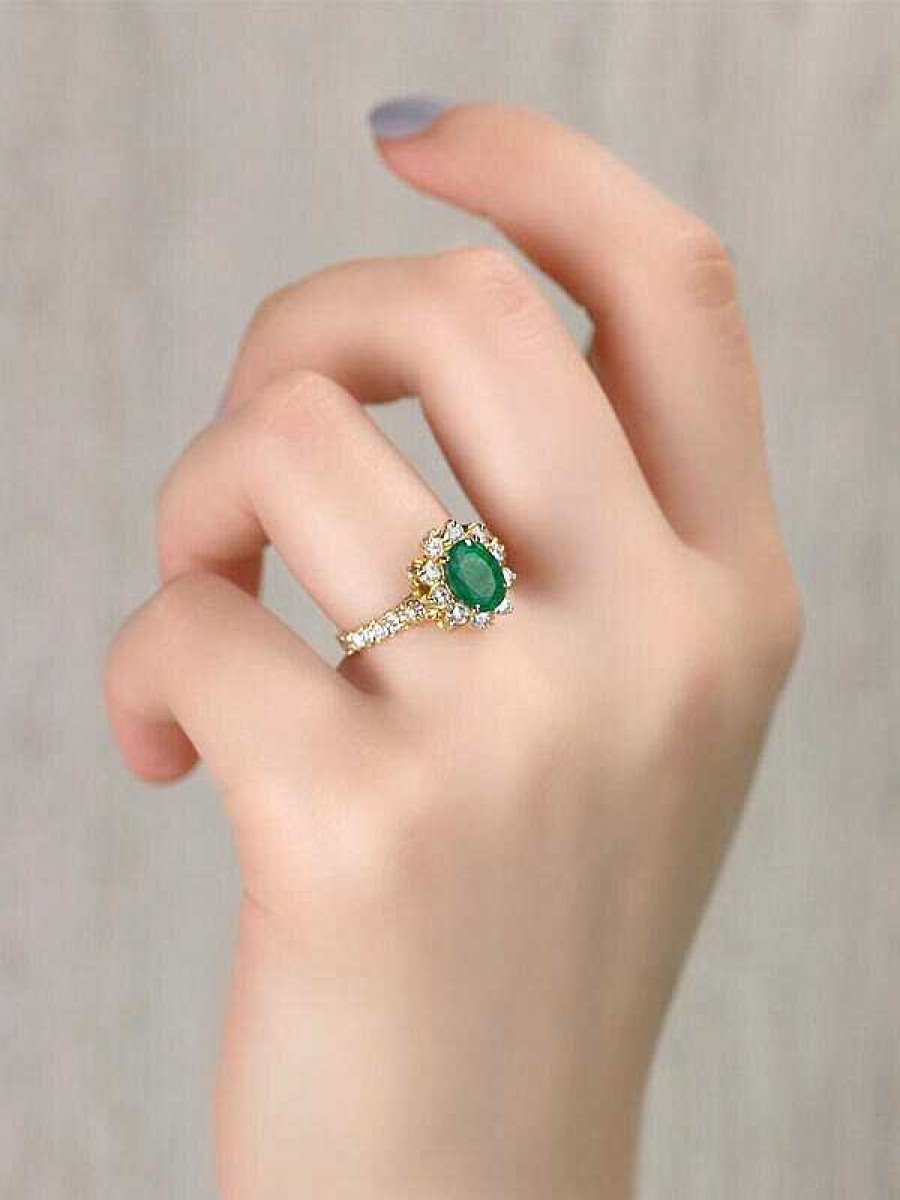 Stones & Gold Rings | 1.40Ct Natural Emerald And Diamond Halo With Floral Basket Solid 14 Karat Gold Engagement Ring