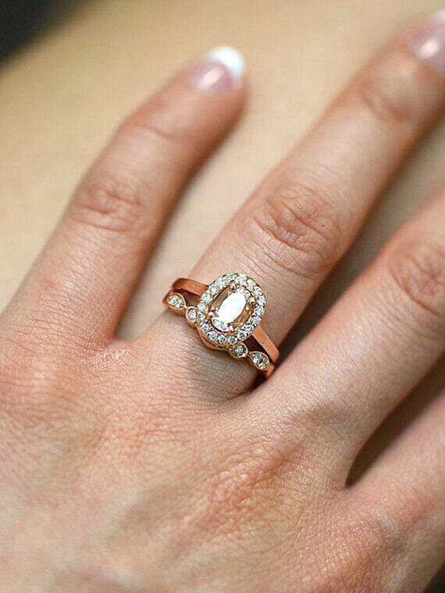 Stones & Gold Rings | Gemstone Engagement Ring Set | Morganite Ring And Matching Diamond Wedding Band | Solid 14K Gold | October | Fine Jewelry | Free Shipping