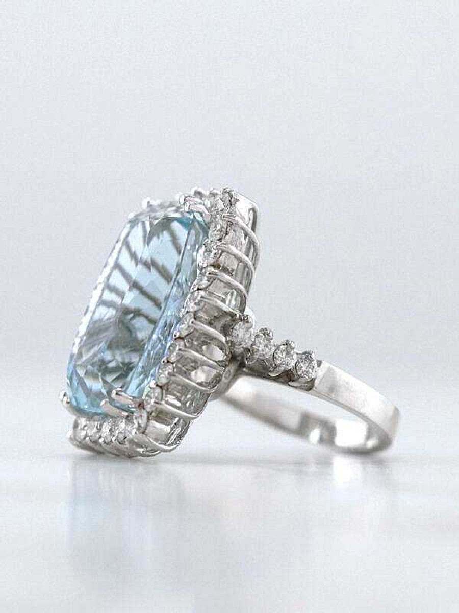 Stones & Gold Rings | 18.82Ct Aquamarine And 11.75Ct Diamond Solid 14 Karat White Gold Ring