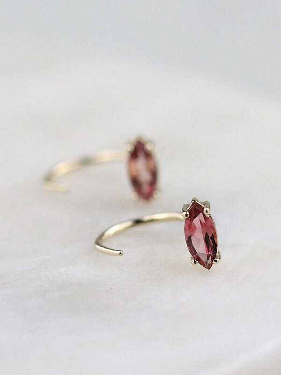 Stones & Gold Earrings | Pink Marquise Tourmaline Solid 14K Gold Open Huggie Earrings