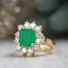 Stones & Gold Rings | 2.5Ct Natural Emerald With 1.23Ct Diamond Halo Solid 14 Karat Gold Cocktail Ring