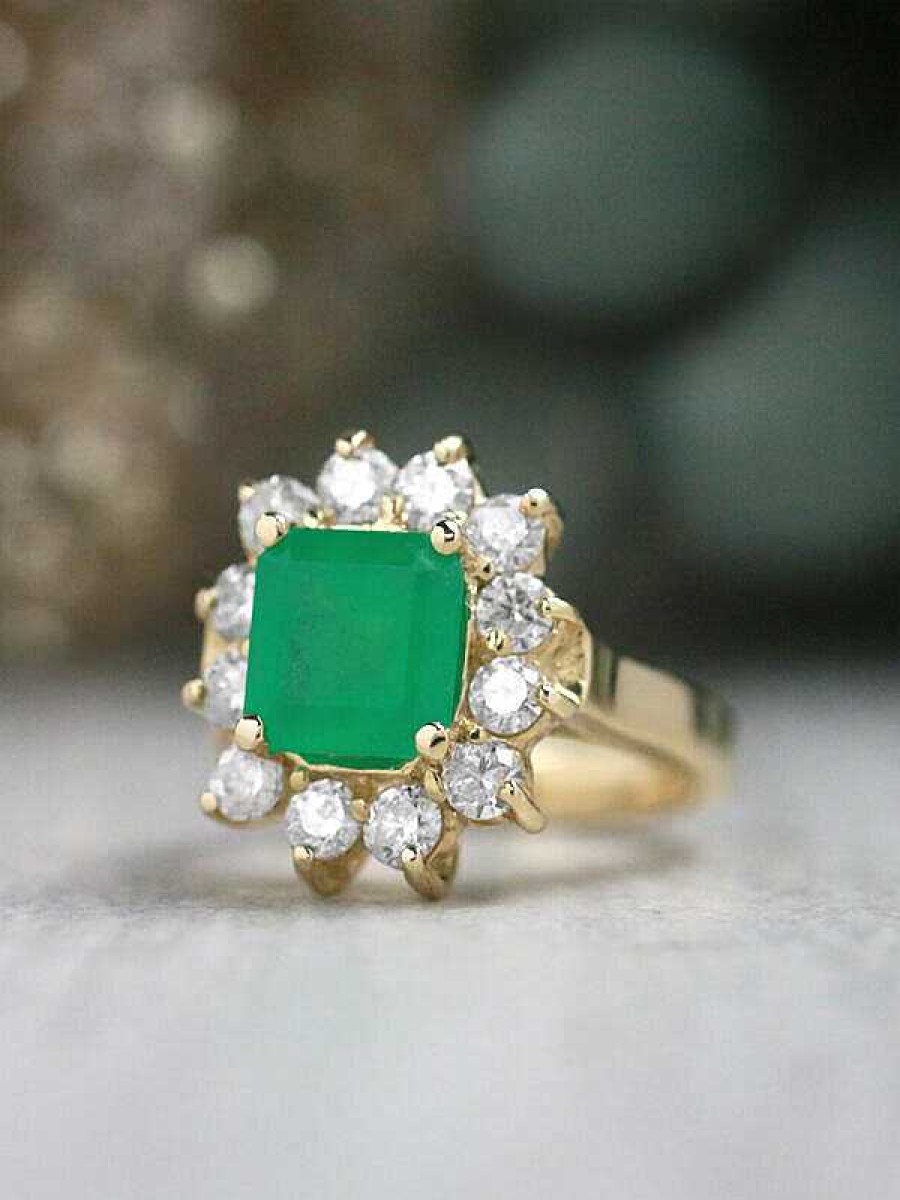 Stones & Gold Rings | 2.5Ct Natural Emerald With 1.23Ct Diamond Halo Solid 14 Karat Gold Cocktail Ring