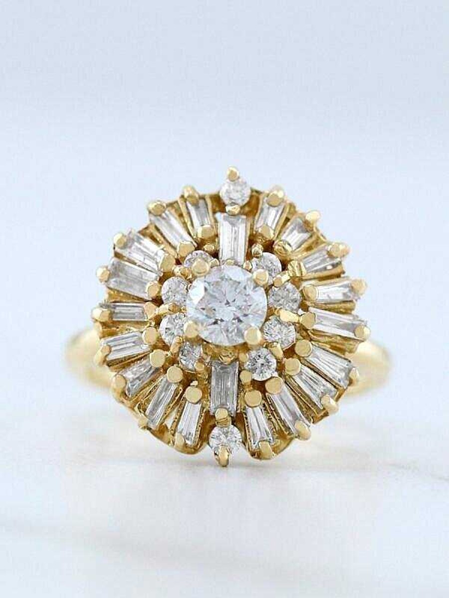 Stones & Gold Rings | 1.20Ct Cluster Round And Baguette Diamond Solid 14 Karat Gold Cocktail Engagement Ring