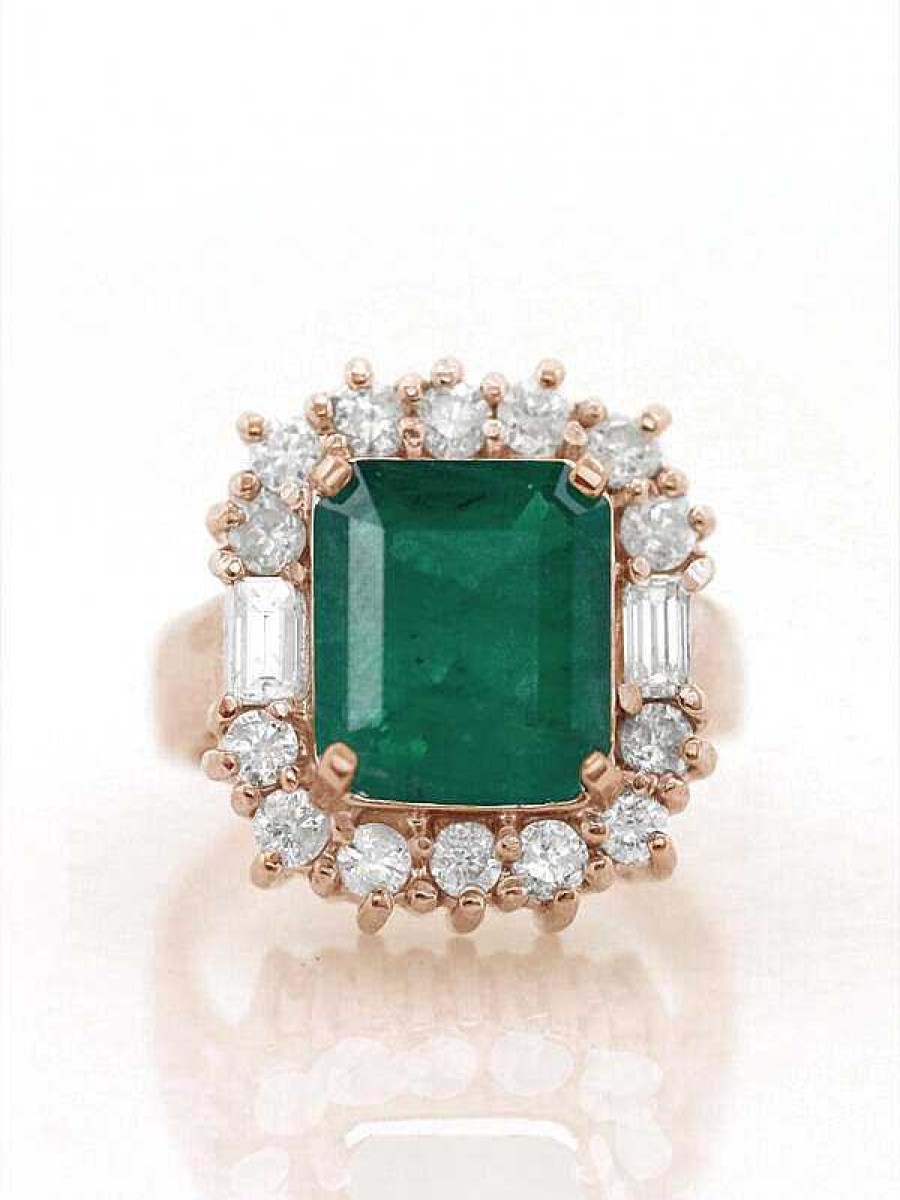 Stones & Gold Rings | 3.39Ct Natural Emerald And 1.04Ct Diamond Fancy Solid 14 Karat Gold Cocktail Ring