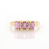 Stones & Gold Rings | 5X3Mm Oval Pink Sapphire Three Stone Solid 14 Karat Gold Ring