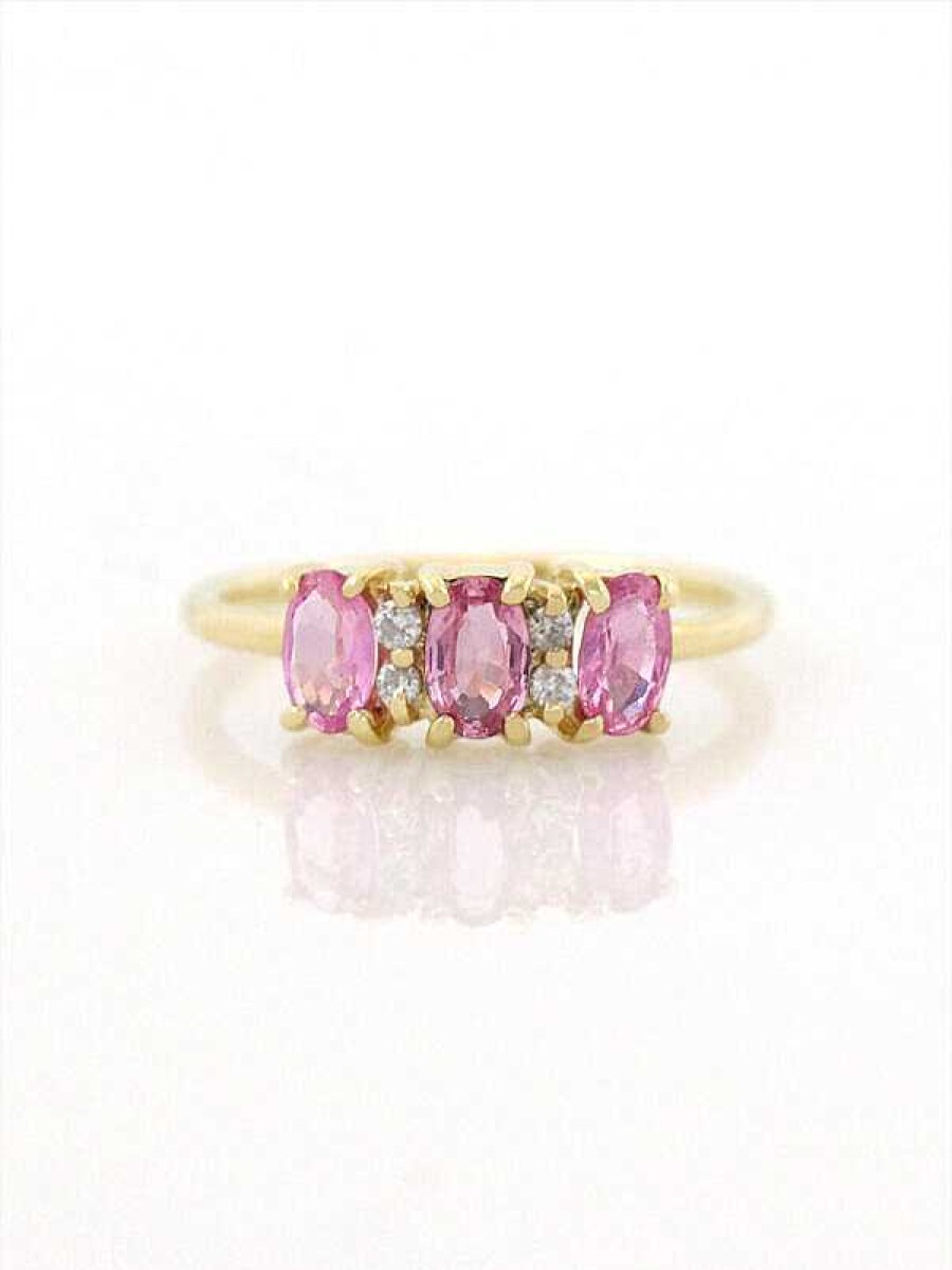 Stones & Gold Rings | 5X3Mm Oval Pink Sapphire Three Stone Solid 14 Karat Gold Ring