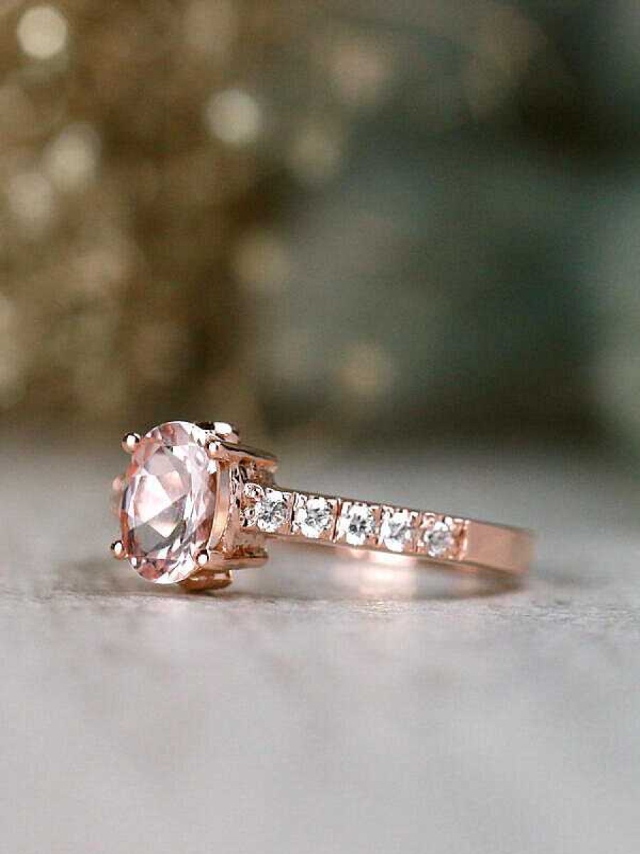 Stones & Gold Rings | 7X5Mm Morganite And Diamond Bezel Solid 14 Karat Gold Engagement Ring