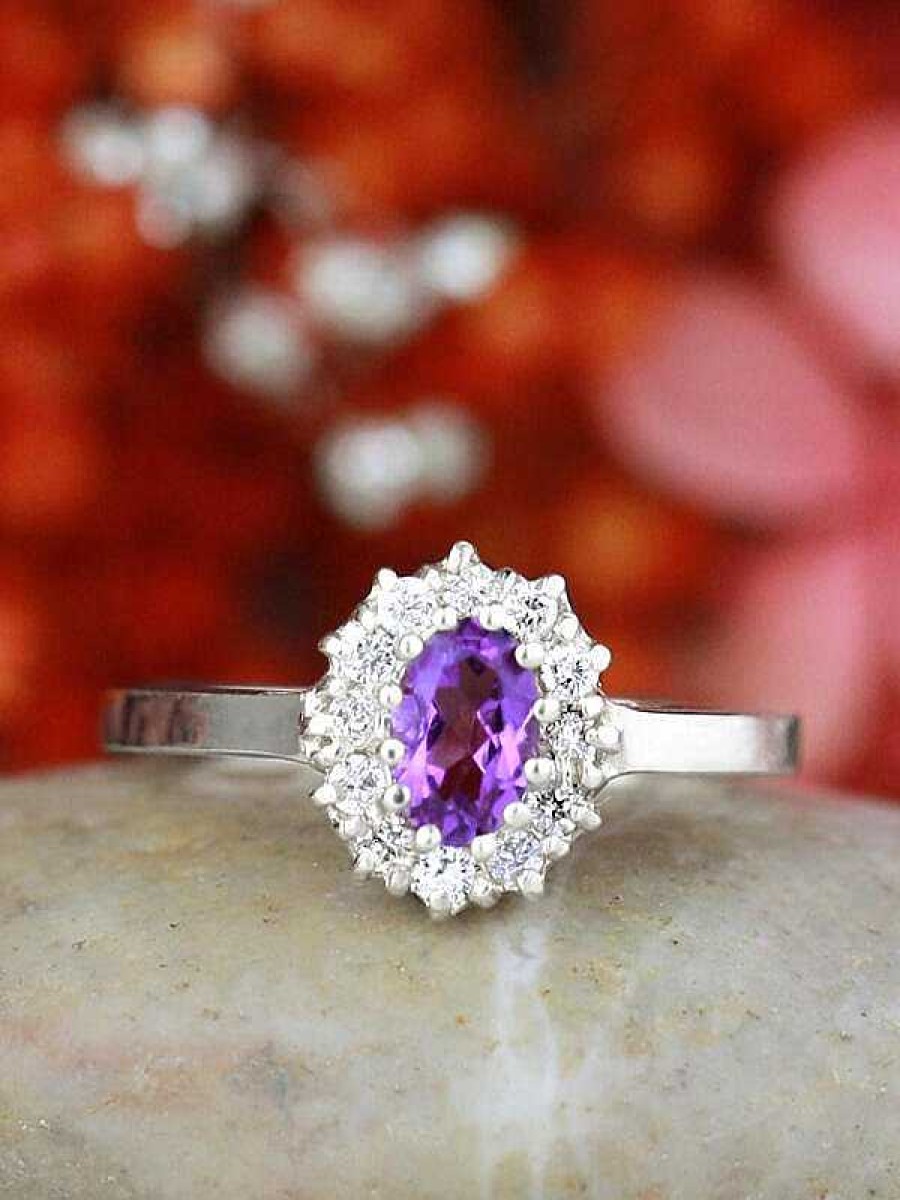 Stones & Gold Rings | Amethyst And Diamond Halo Engagement Ring | Prong Setting | Polished Finish | Solid 14K Gold