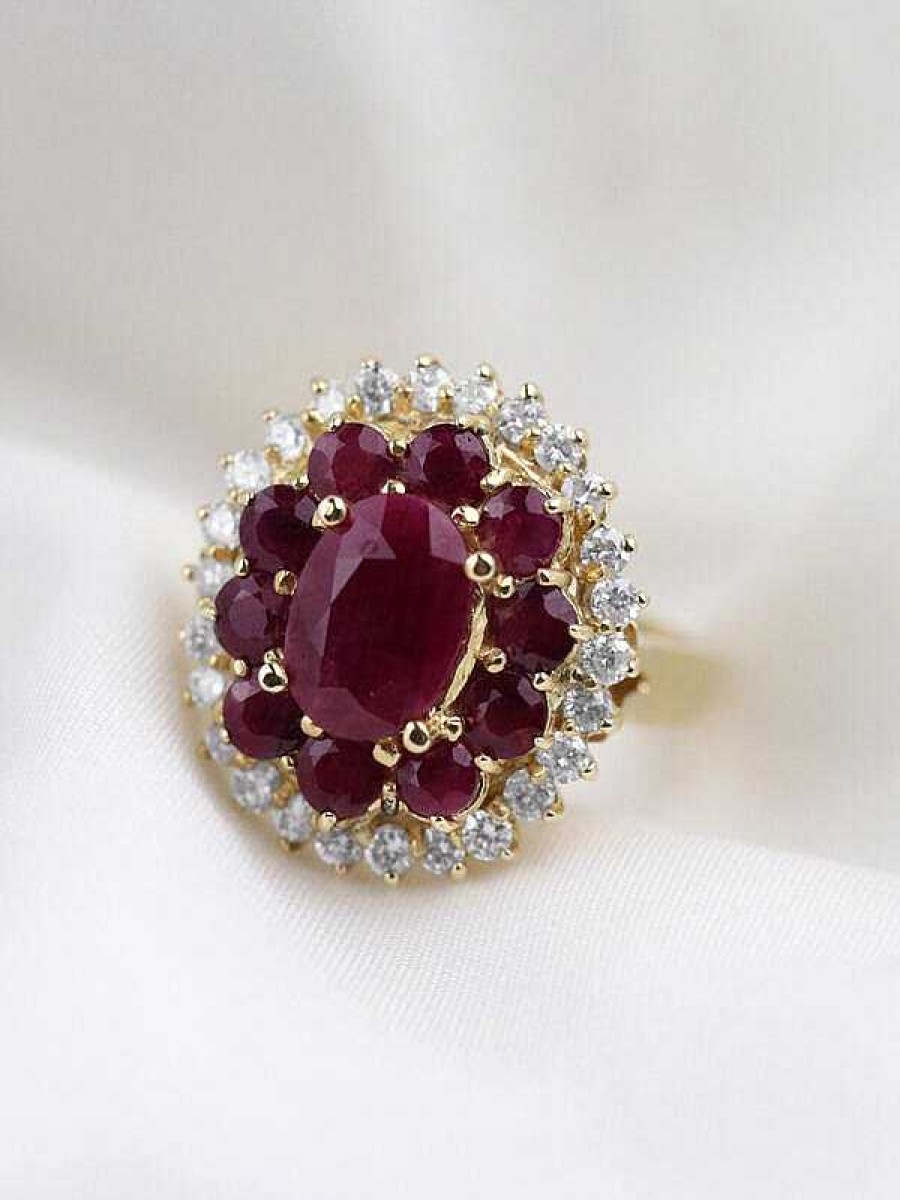 Stones & Gold Rings | 4.18Ct Natural Ruby And Diamond 14K Cluster Cocktail Ring