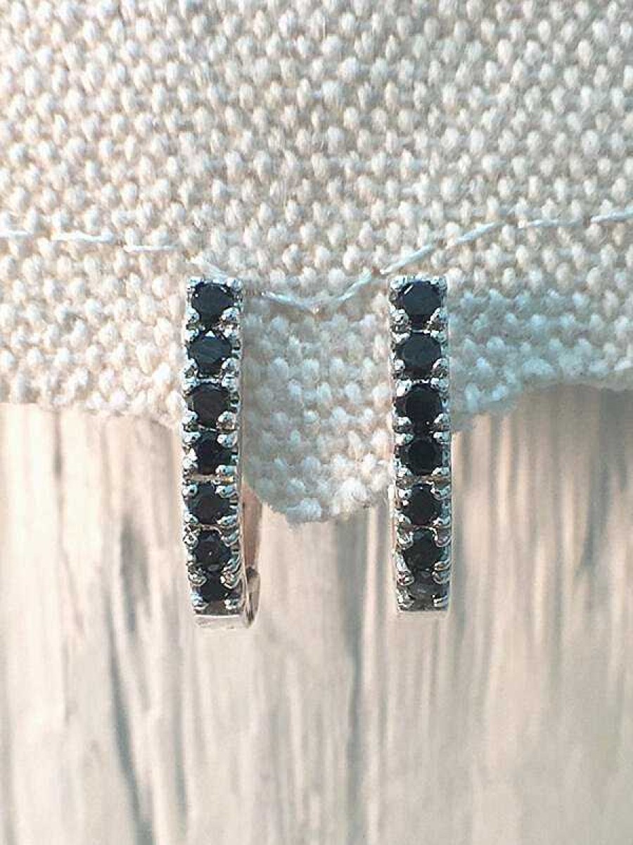 Stones & Gold Earrings | 14.5Mm Black Diamond Hoop Solid Gold (14Kr) Huggie Earrings