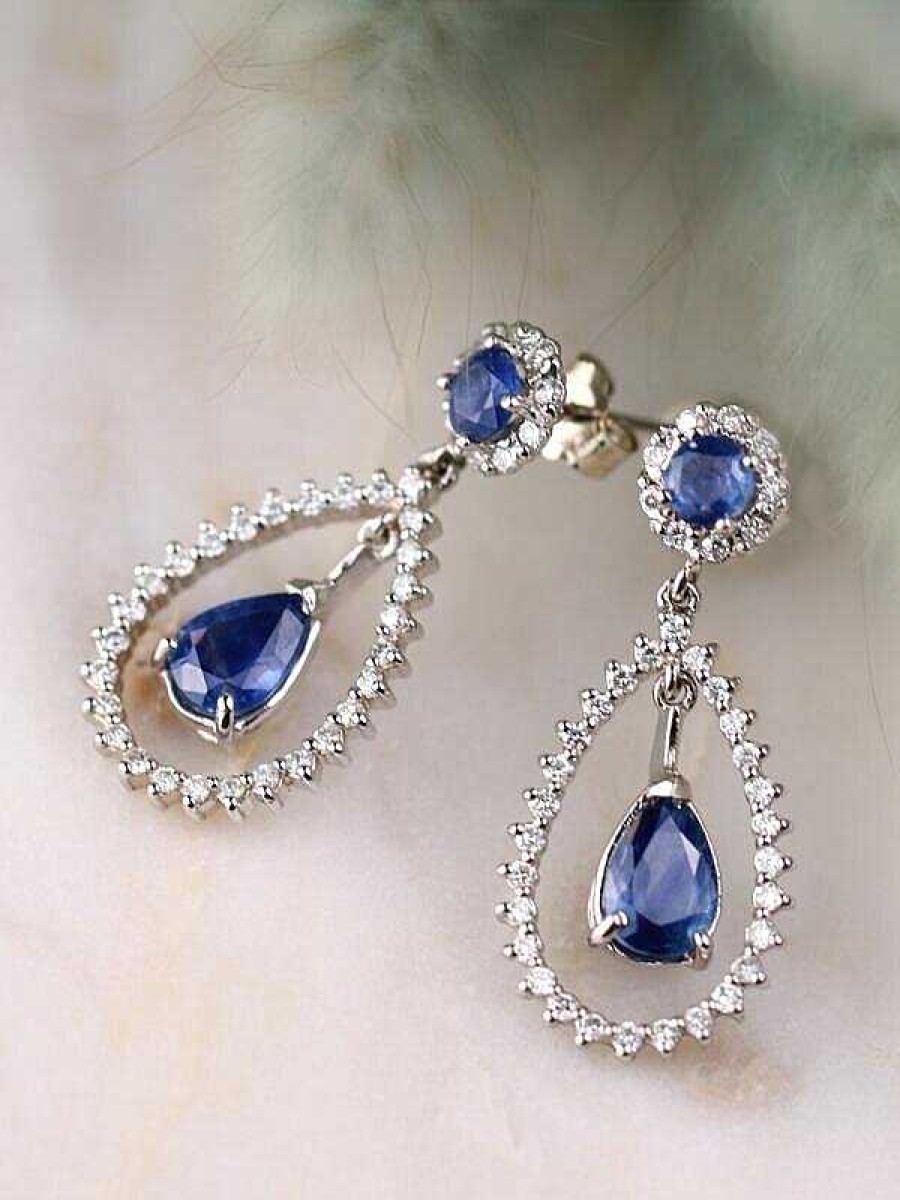 Stones & Gold Earrings | Natural Sapphire Chandelier Dangle Diamond Solid 14 Gold Karat Earrings