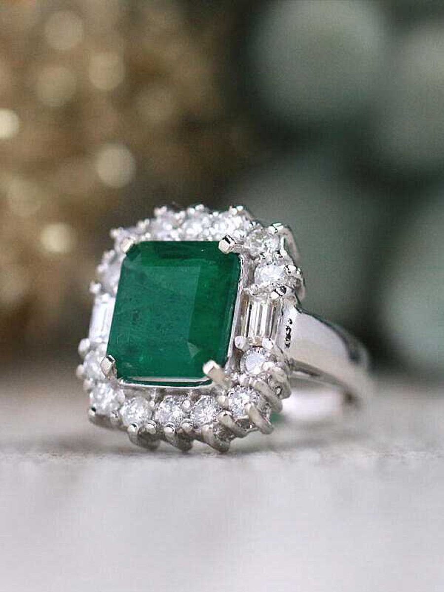 Stones & Gold Rings | 3.39Ct Natural Emerald And 1.04Ct Diamond Fancy Solid 14 Karat Gold Cocktail Ring