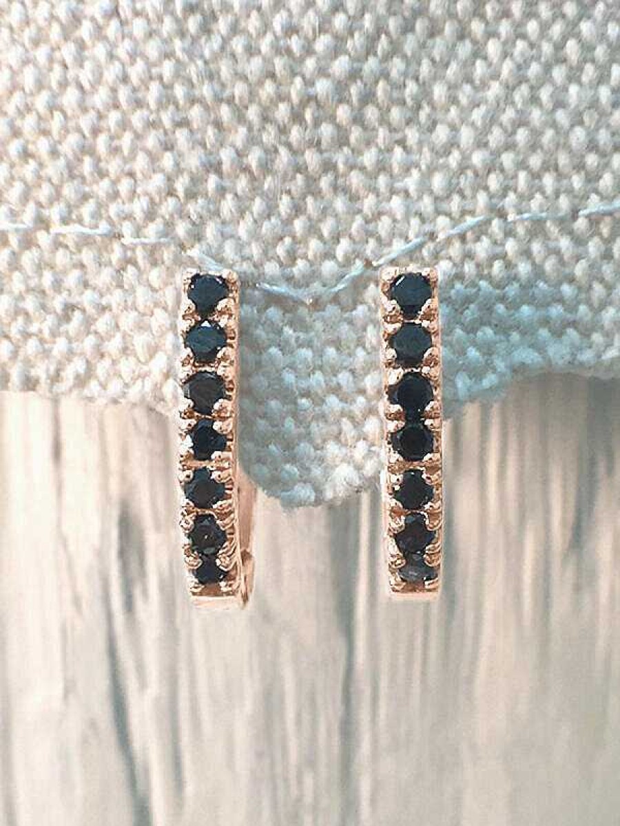 Stones & Gold Earrings | 14.5Mm Black Diamond Hoop Solid Gold (14Kr) Huggie Earrings