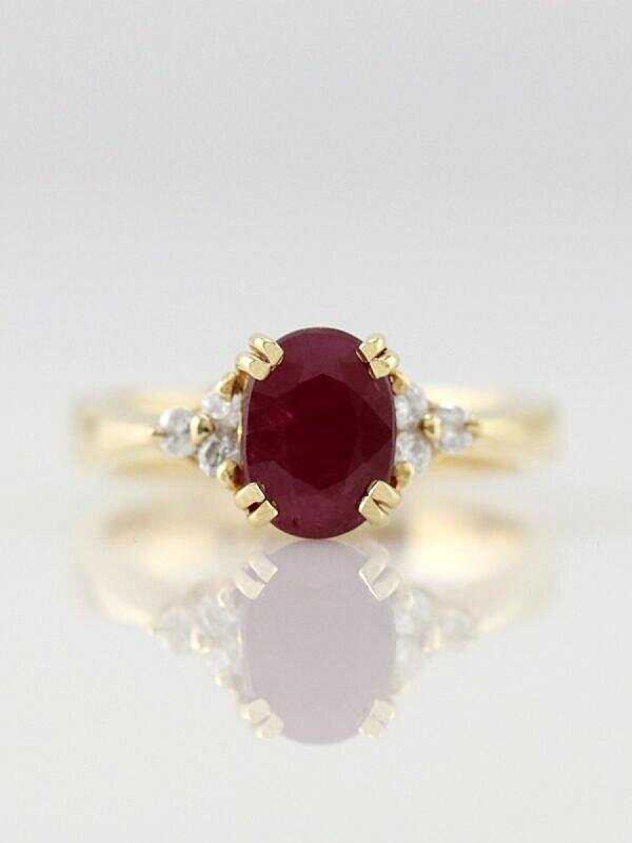 Stones & Gold Rings | 6X8Mm Ruby And Diamond Engagement Solid 14K Gold Wedding Ring