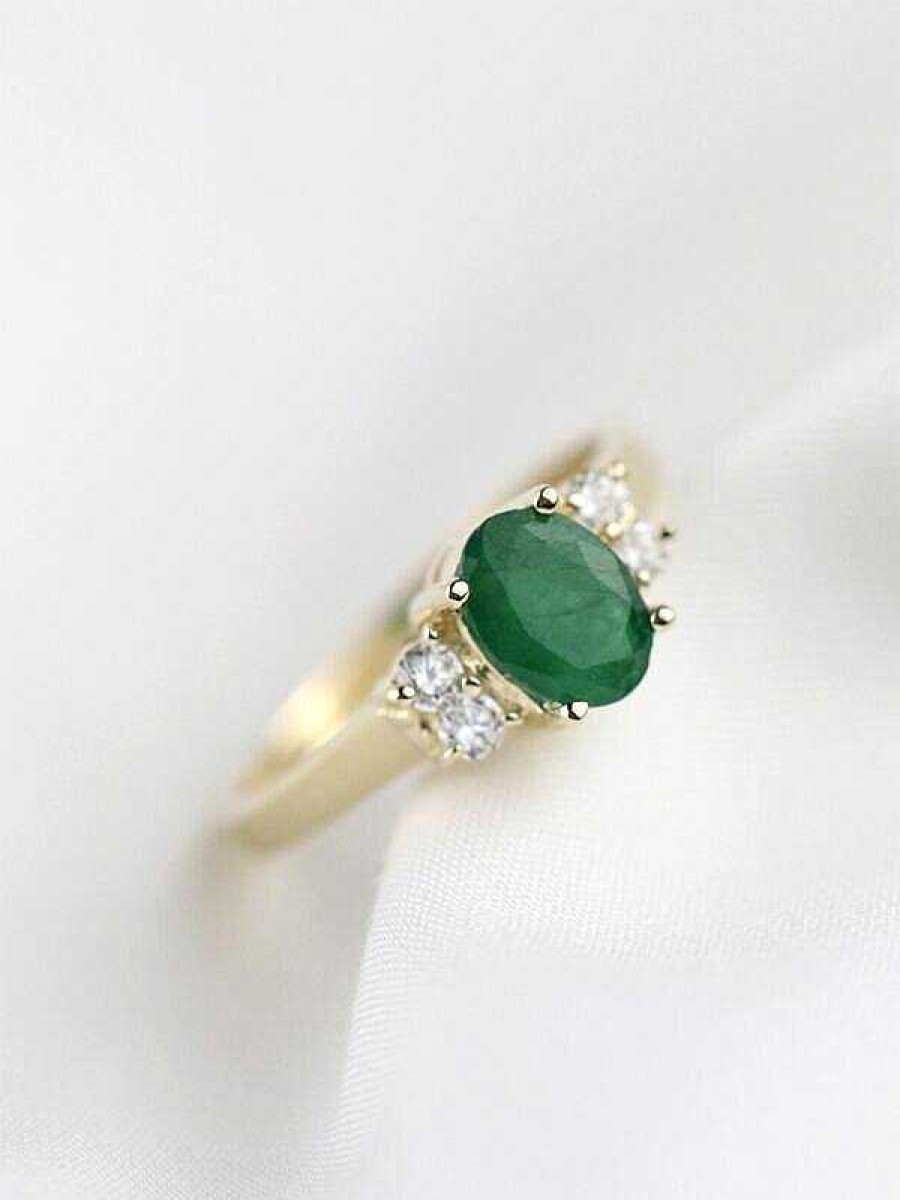 Stones & Gold Rings | 5X7Mm Emerald And Diamond Engagement Solid Gold (14Ky) Colored Stone Wedding Ring