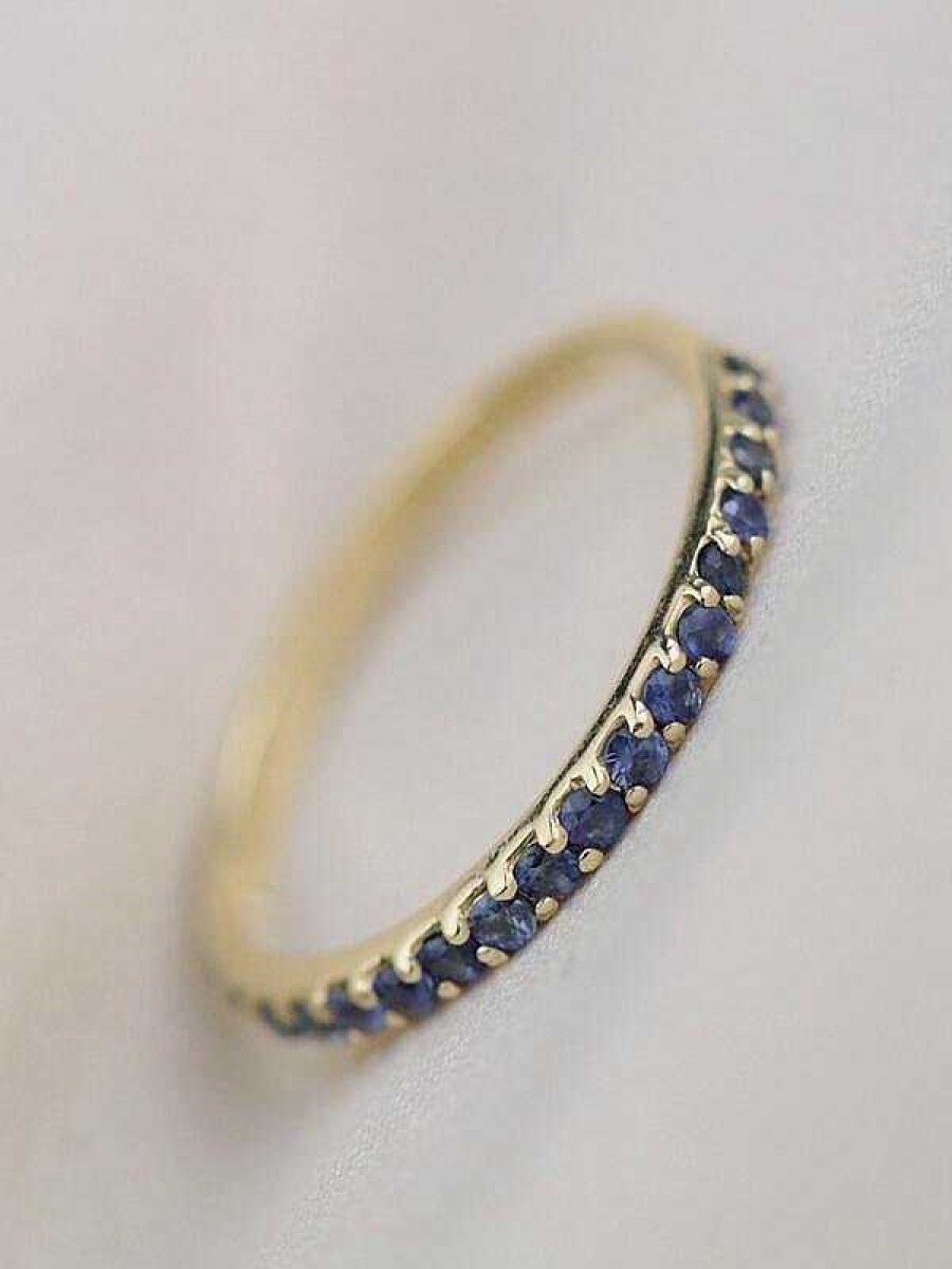 Stones & Gold Rings | 1.9Mm Blue Sapphire Shared Prong Slim Solid 14 Karat Gold Wedding Band