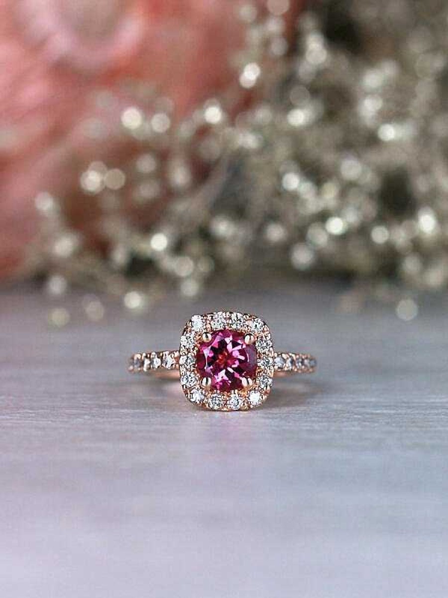 Stones & Gold Rings | Pink Tourmaline And Diamond Halo Engagement Solid Gold (14Kr) Colored Stone Wedding Ring