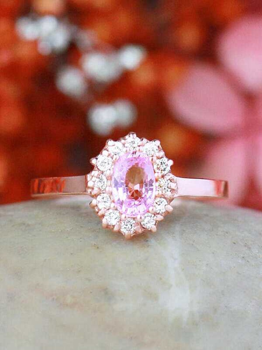 Stones & Gold Rings | Pink Sapphire And Diamond Halo Engagement Ring | Prong Setting | Polished Finish | Solid 14K Gold