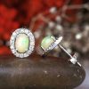 Stones & Gold Earrings | 7X5Mm Opal And Diamond Halo 14 Karat Stud Earrings