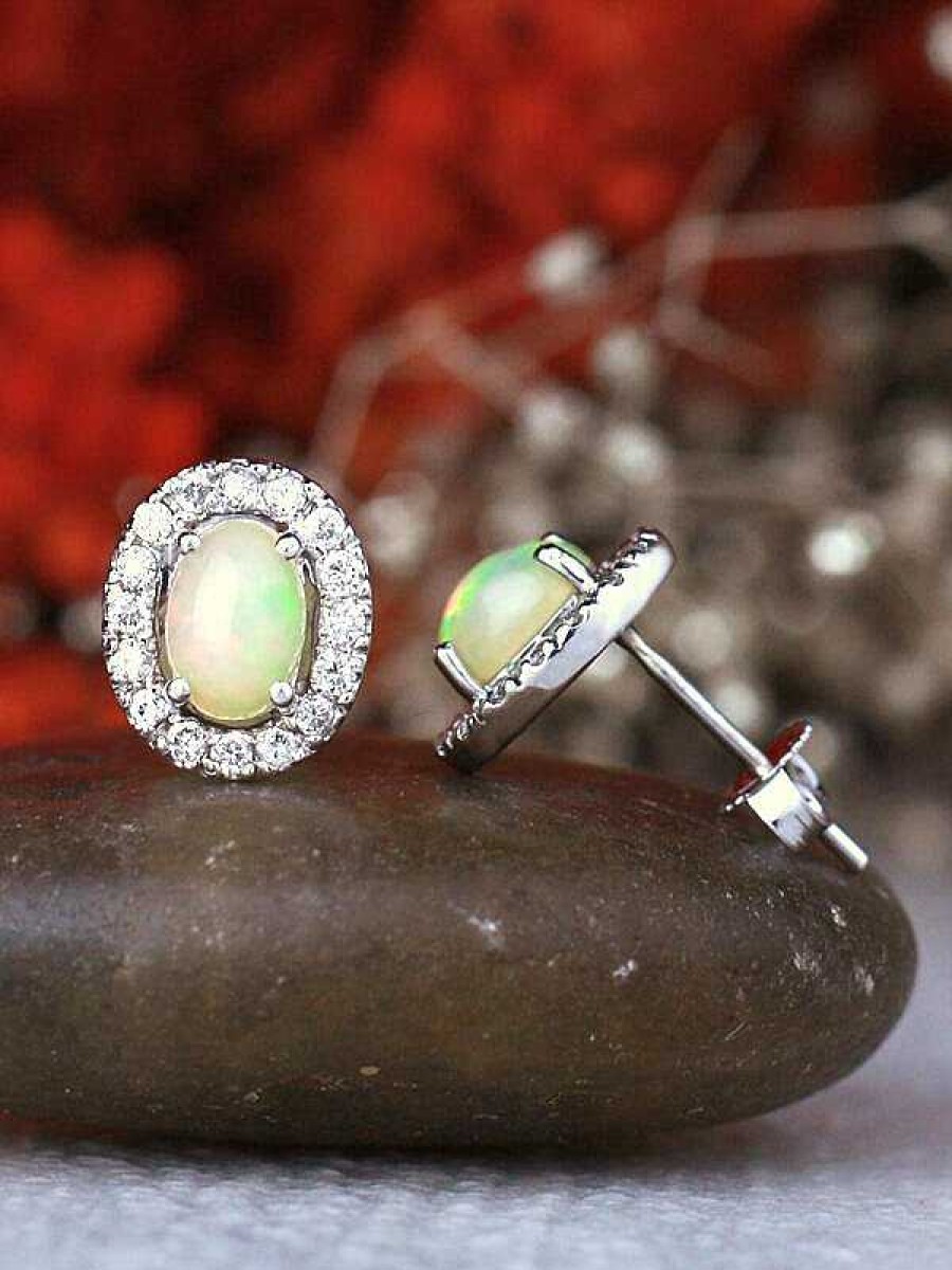 Stones & Gold Earrings | 7X5Mm Opal And Diamond Halo 14 Karat Stud Earrings