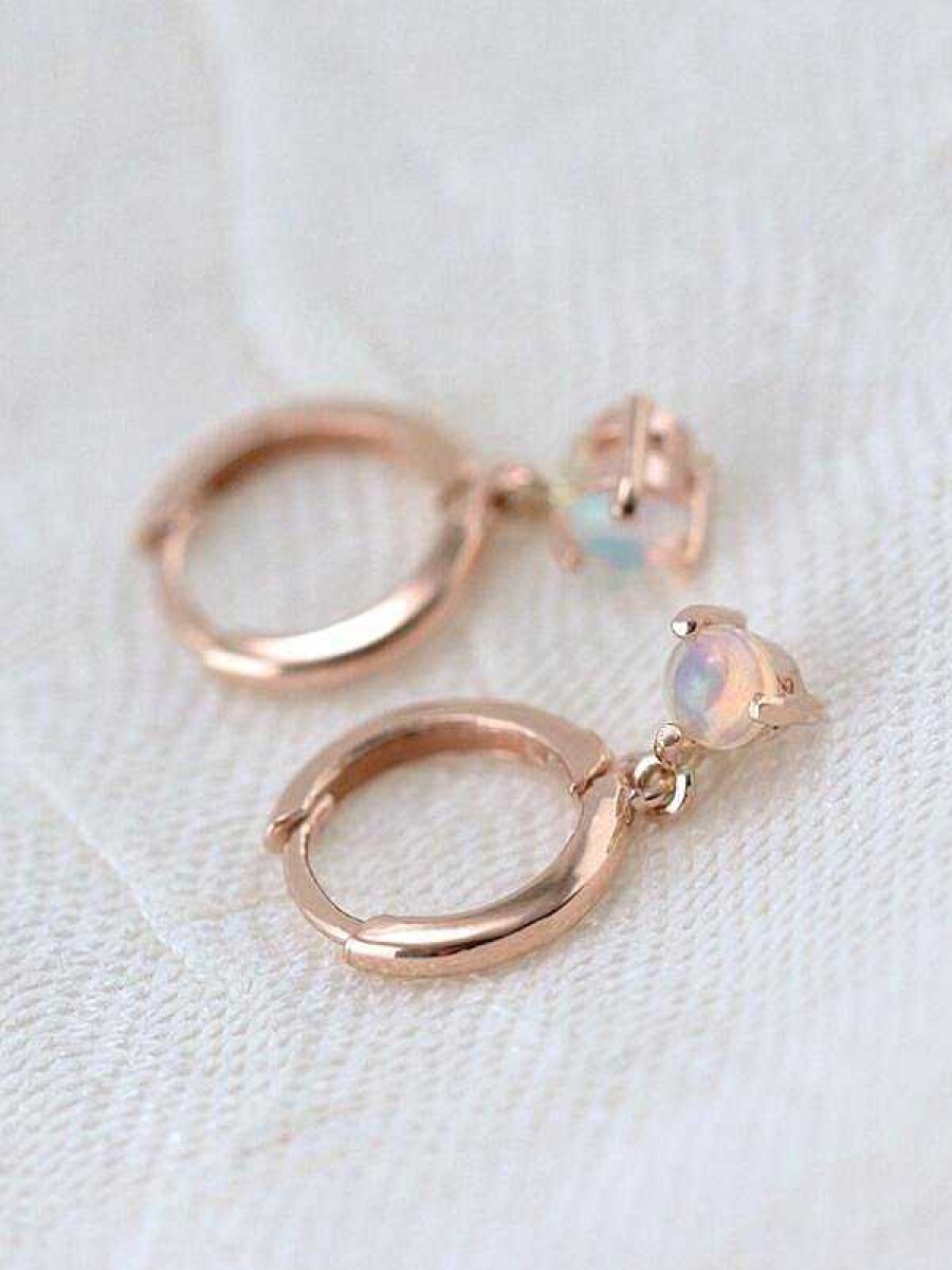 Stones & Gold Earrings | Opal Drop Solid 14K Gold Huggie Earrings