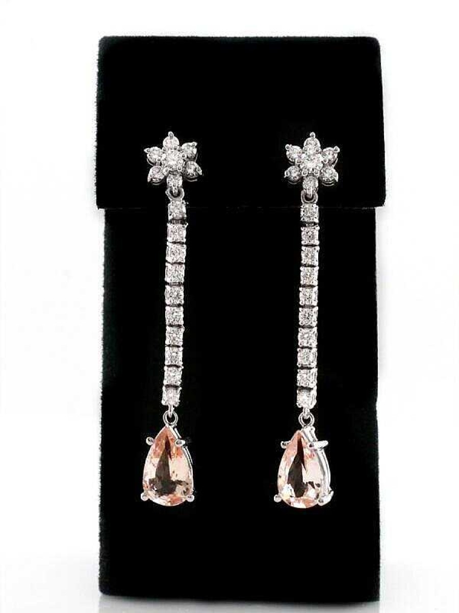 Stones & Gold Earrings | Teardrop Morganite And Diamond Solid 14 Karat Gold Chandelier Earrings