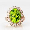 Stones & Gold Rings | 13X11Mm Natural Shamrock Green Peridot With Vintage Inspired Diamond Halo Solid 14 Karat Gold Ring