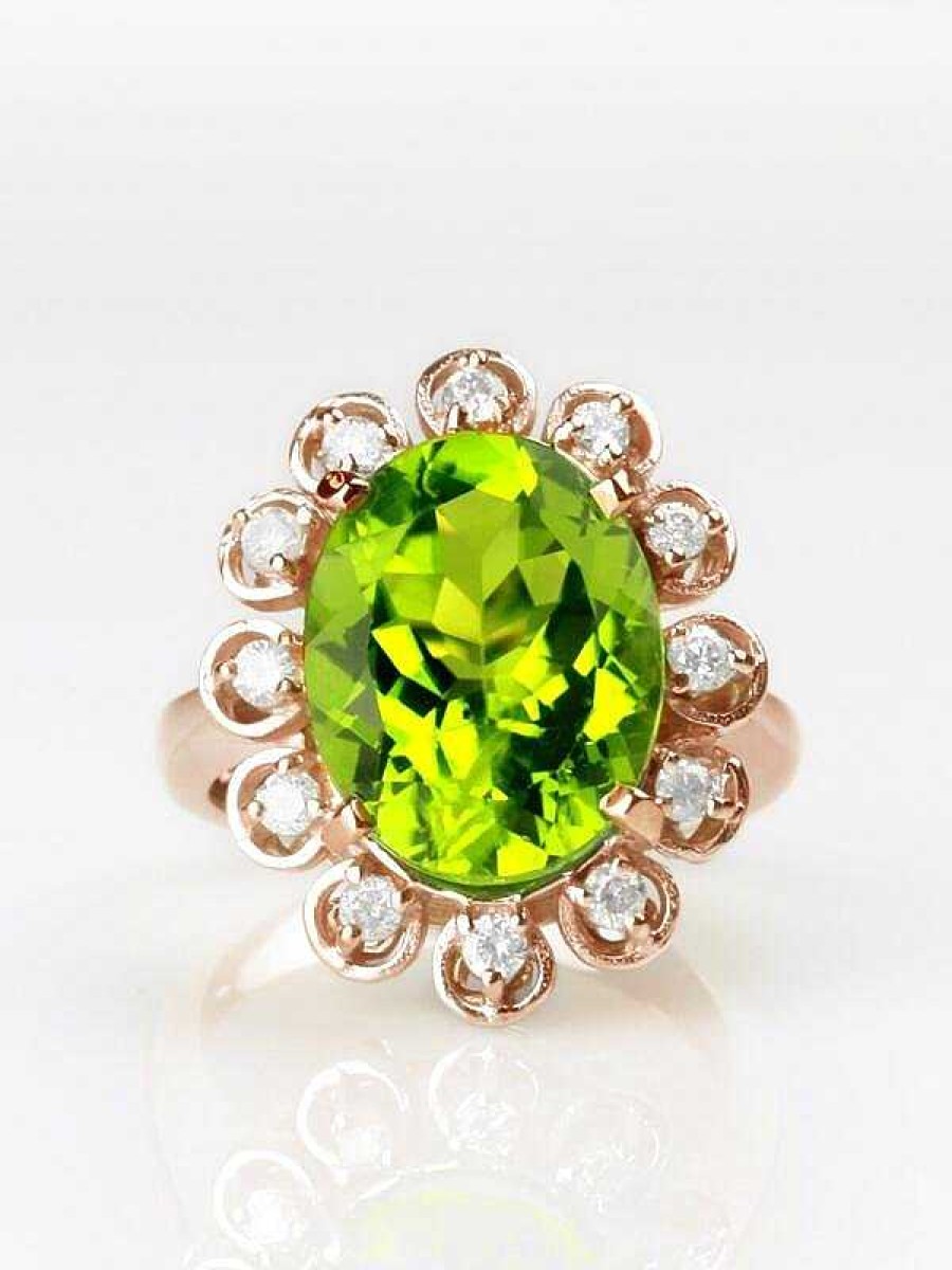 Stones & Gold Rings | 13X11Mm Natural Shamrock Green Peridot With Vintage Inspired Diamond Halo Solid 14 Karat Gold Ring