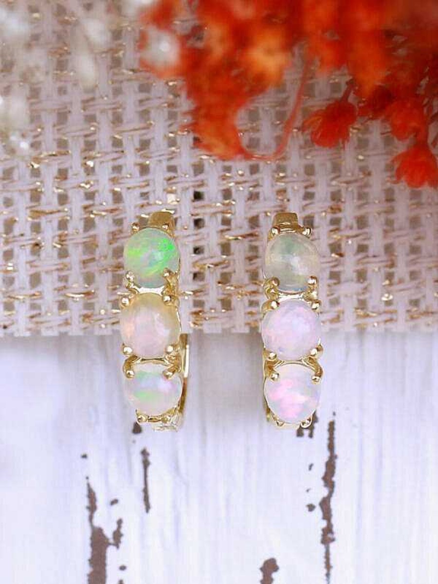 Stones & Gold Earrings | Round Opal Huggie Solid 14 Karat Gold Earrings