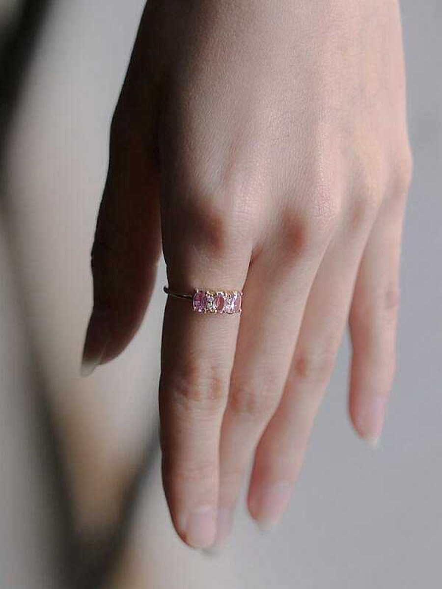 Stones & Gold Rings | 5X3Mm Oval Pink Sapphire Three Stone Solid 14 Karat Gold Ring