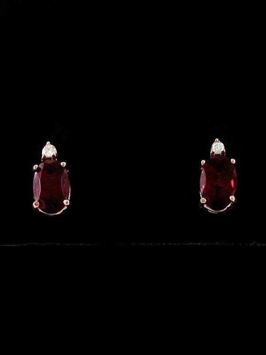 Stones & Gold Earrings | 6X4Mm Garnet And Diamond Solid 14 Karat Gold Stud Earrings