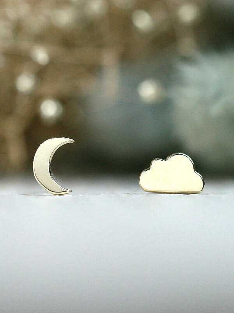 Stones & Gold Earrings | Celestial Moon And Cloud Solid 14 Karat Gold Mix Match Earrings