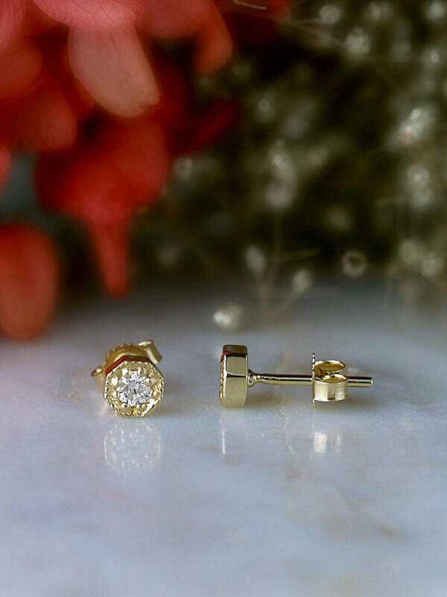 Stones & Gold Earrings | 5Mm Diamond Hexagon Solid 14K Gold Stud Earrings