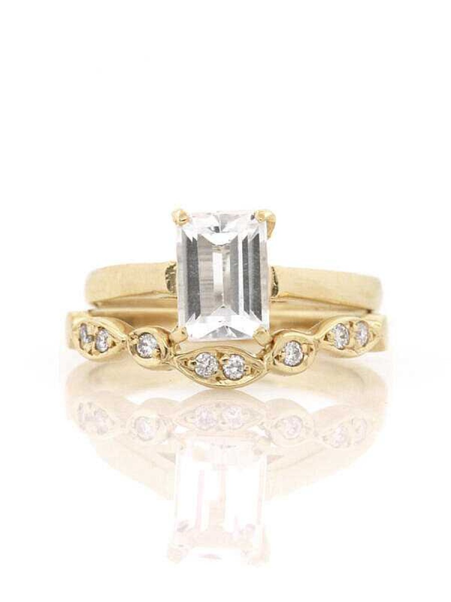 Stones & Gold Rings | Set: 7X5Mm White Topaz Solitarie Solid 14 Karat Gold Ring + Diamond Bezel V Solid 14 Karat Gold Band