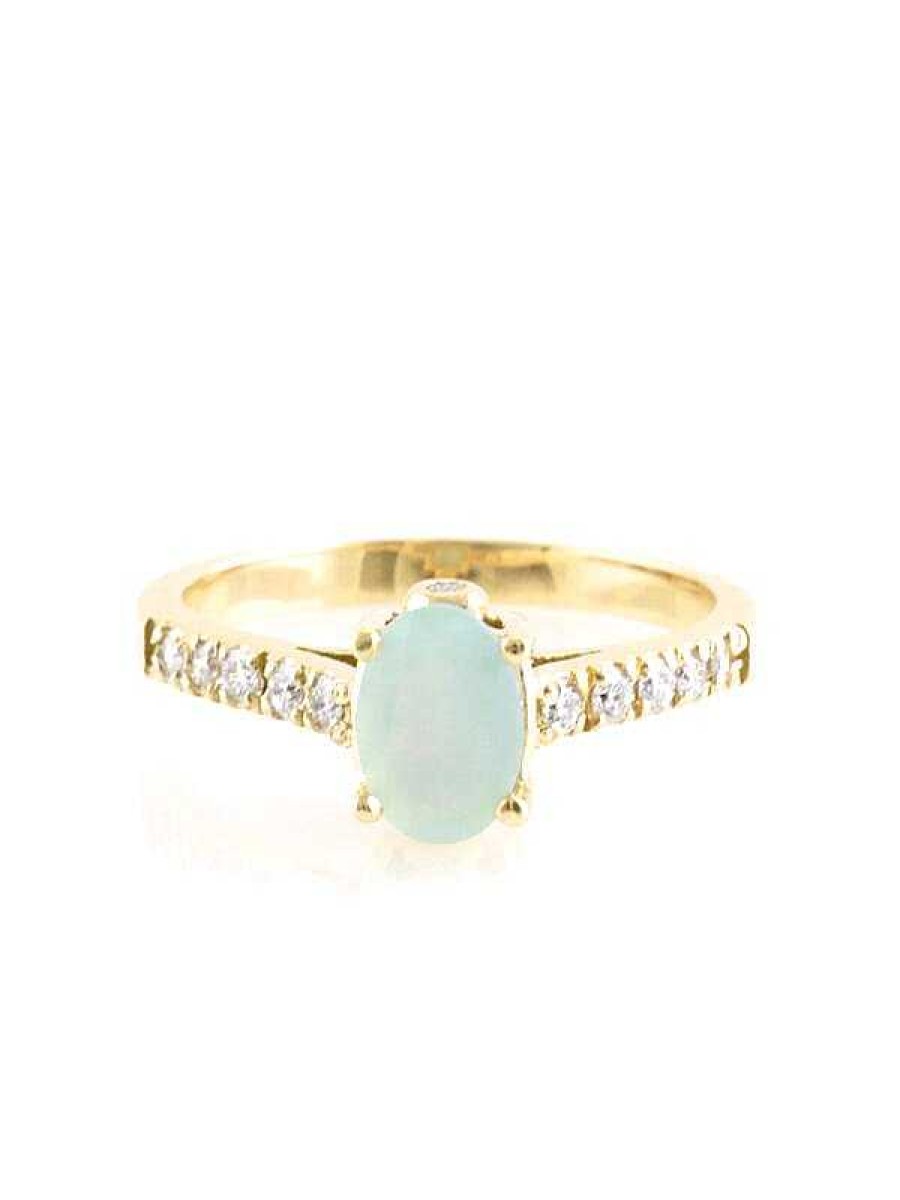 Stones & Gold Rings | 7X5Mm Oval Peruvian Opal And Diamond Solid 14 Karat Gold Engagement Ring