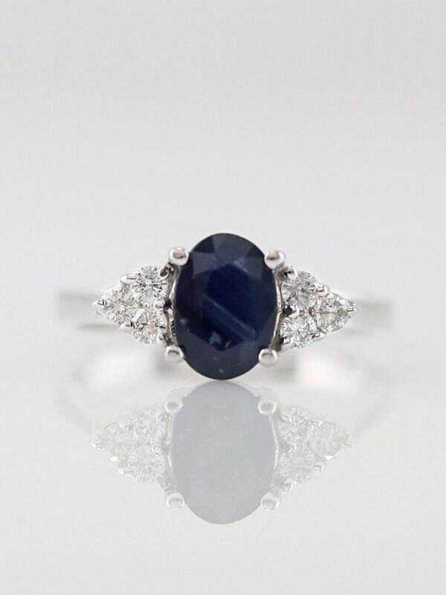 Stones & Gold Rings | 5X7Mm Blue Sapphire And Diamond Solid 14K Gold Engagement Ring