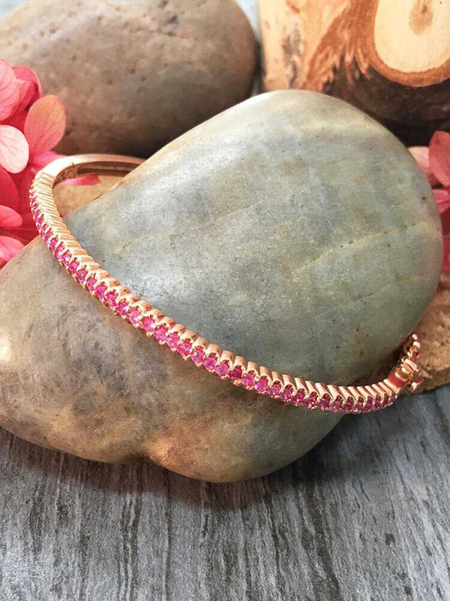 Stones & Gold Bracelets & Anklets | 3Mm Pink Sapphire Bangle Solid Gold (14Ky) Colored Stone Bracelet