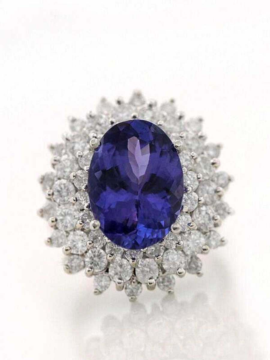 Stones & Gold Rings | 5.47Ct Natural Tanzanite Trio Diamond Halo 14K Cocktail Ring