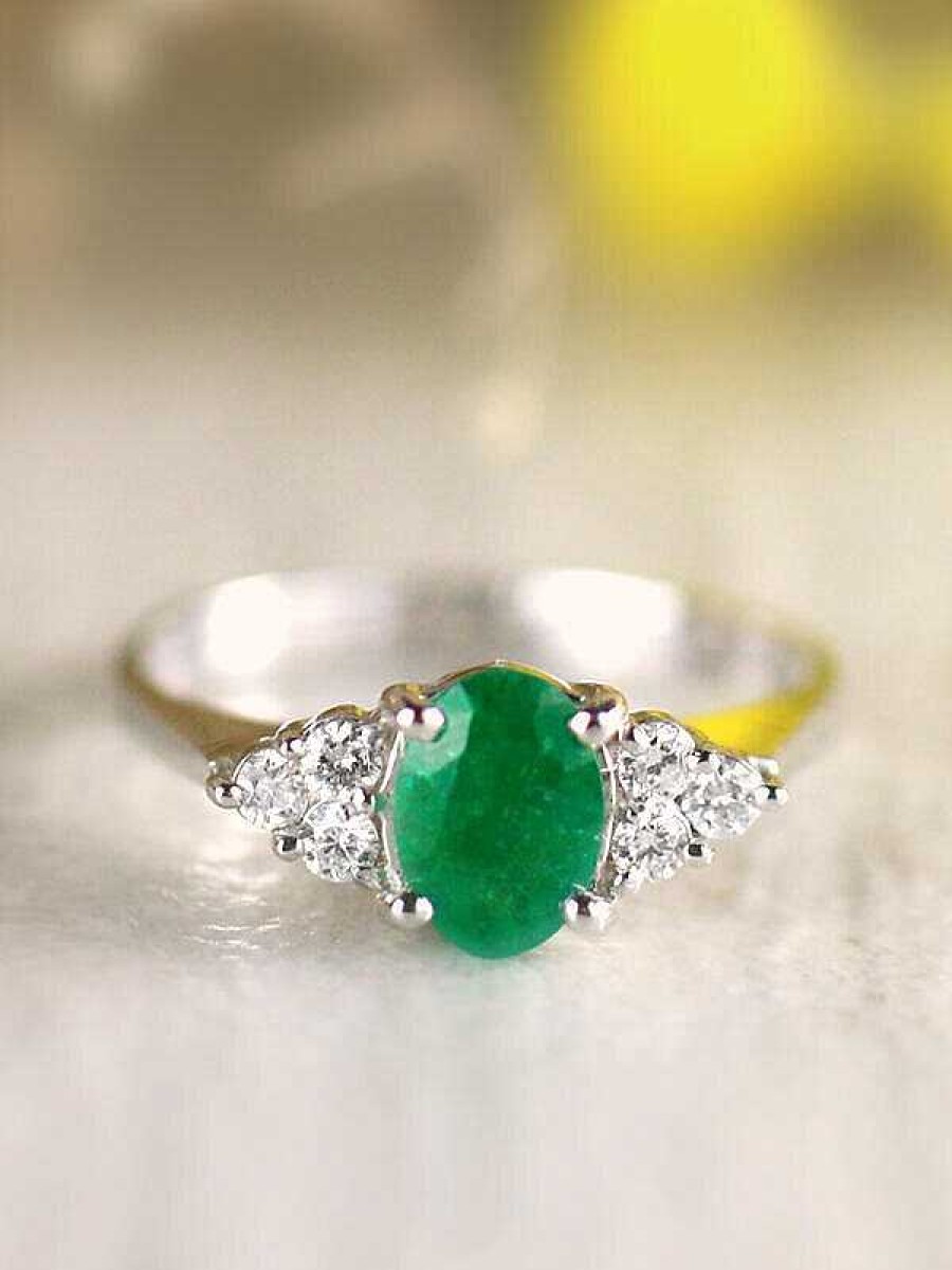 Stones & Gold Rings | 7X5Mm Natural Emerald And Three Stone Diamond Solid 14 Karat Gold Engagement Ring