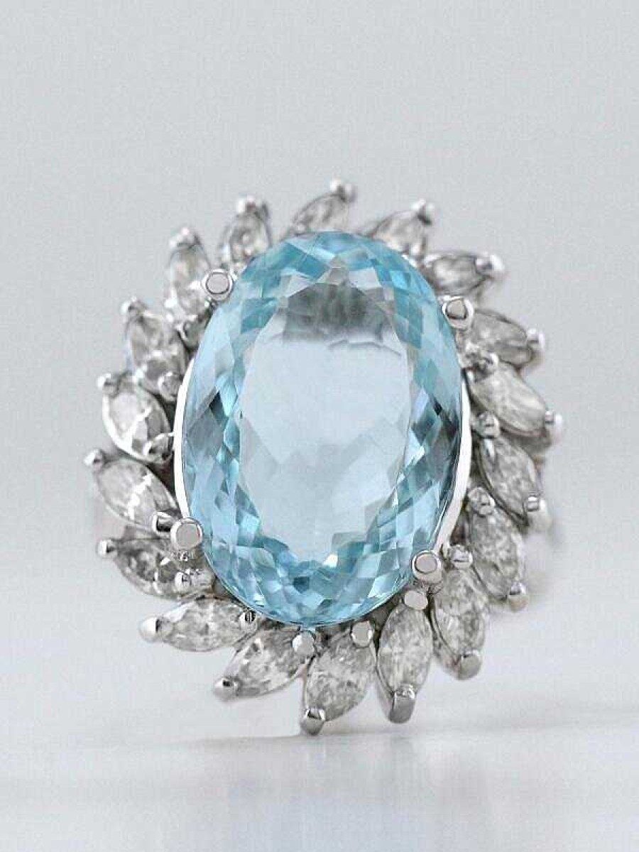 Stones & Gold Rings | One-Of-A-Kind 6.42Ct Aquamarine And 1.30Ct Marquise Diamond Solid 14Kw Gold Cocktail Ring