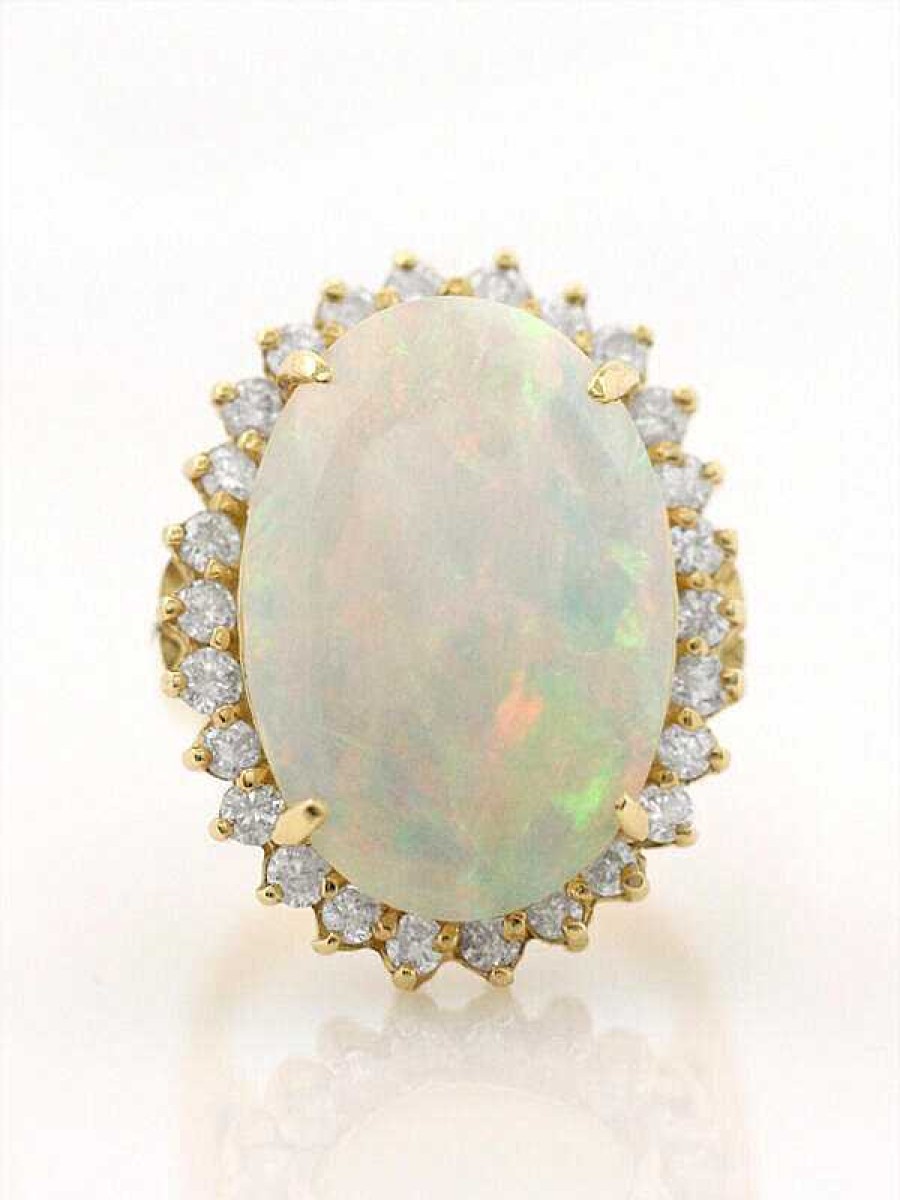 Stones & Gold Rings | 9.50Ct Australian Opal Diamond Halo Classic 14K Gold Ring