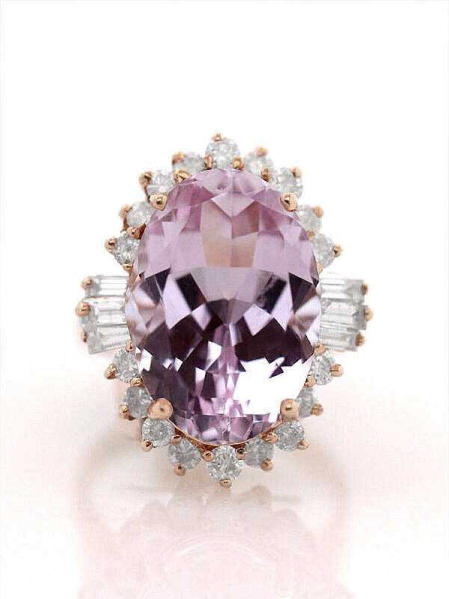 Stones & Gold Rings | 17Ct Kunzite And Diamond Fancy Solid 14 Karat Gold Cocktail Ring