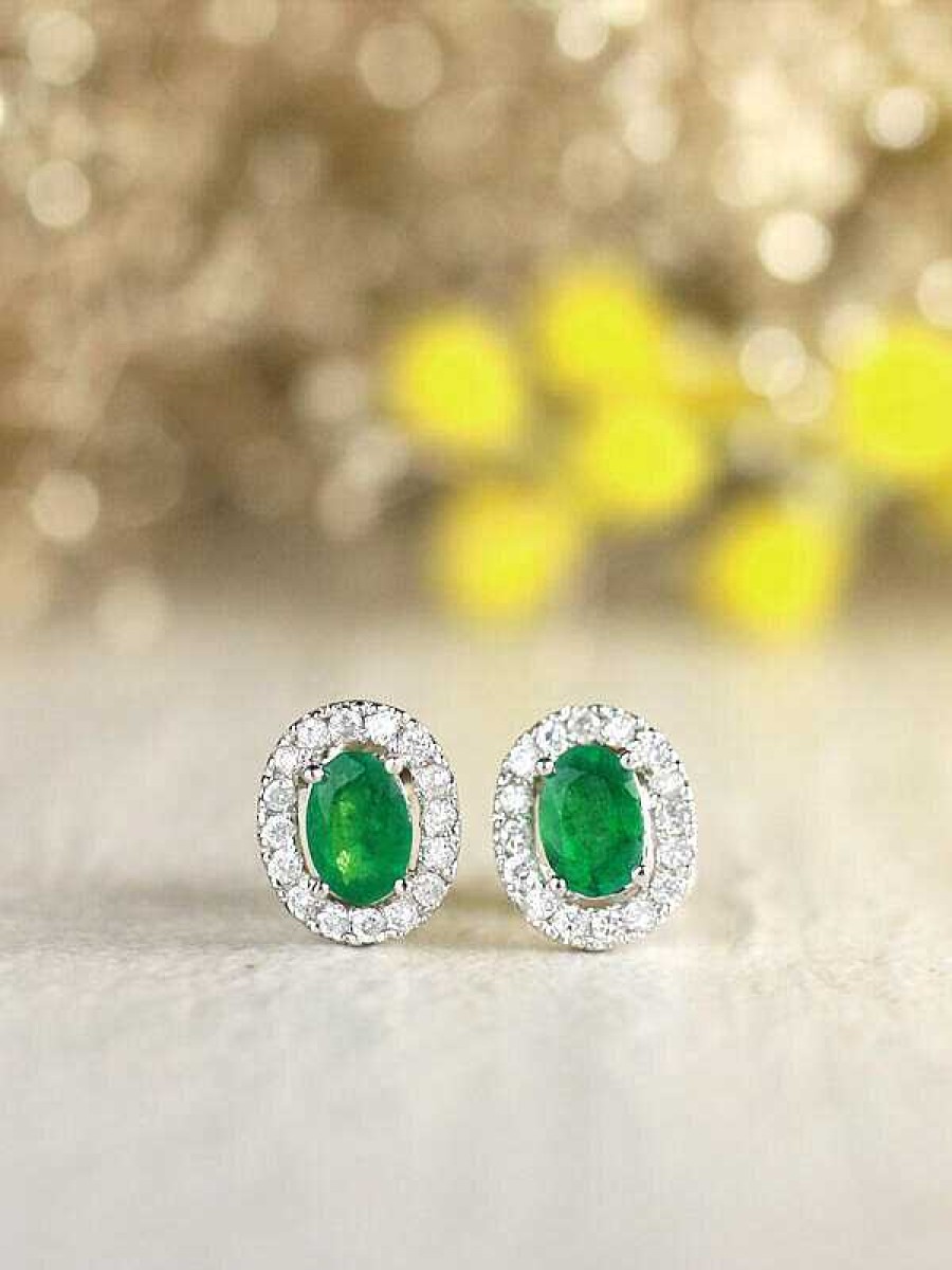 Stones & Gold Earrings | Emerald And Diamond Halo Stud Solid Gold (14Kr) Colored Stone Earrings