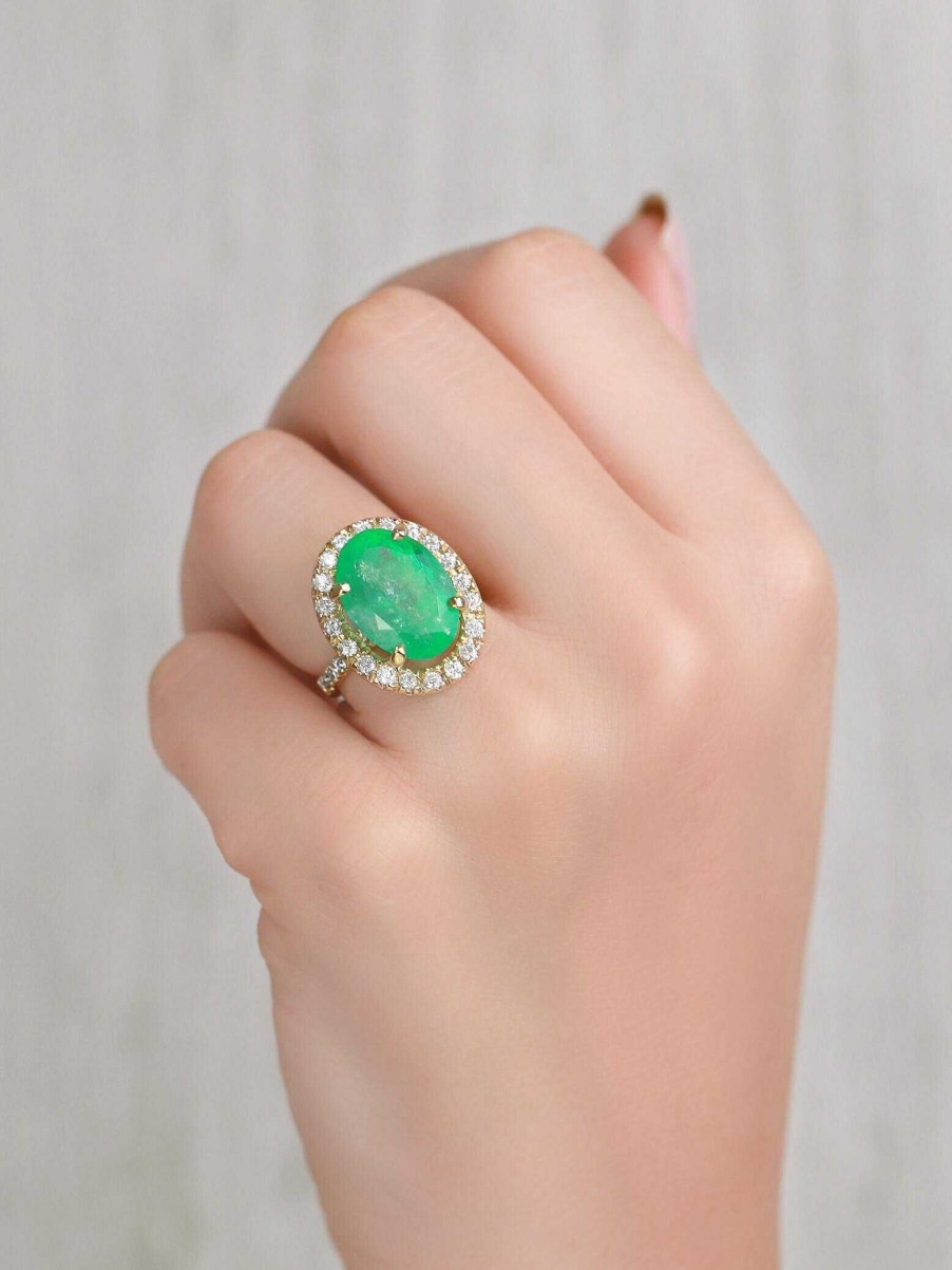 Stones & Gold Rings | One-Of-A-Kind 7.54Ct Natural Emerald Floating Diamond Halo Cocktail Engagement Ring