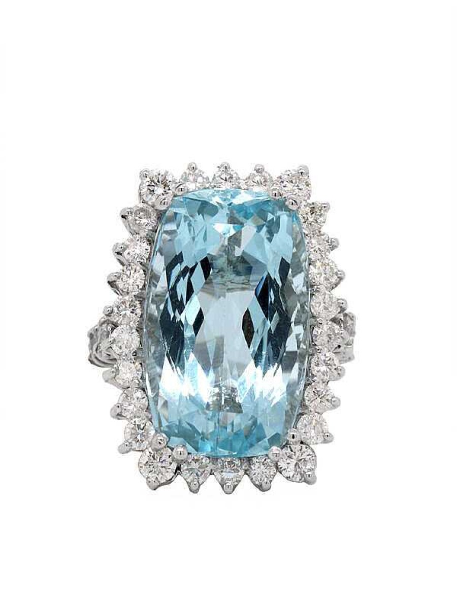 Stones & Gold Rings | 18.82Ct Aquamarine And 11.75Ct Diamond Solid 14 Karat White Gold Ring