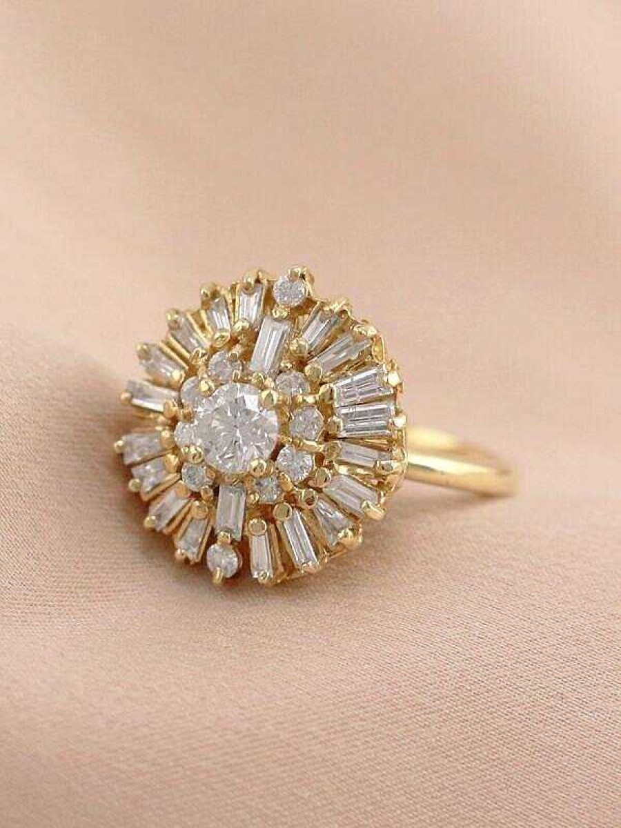 Stones & Gold Rings | 1.20Ct Cluster Round And Baguette Diamond Solid 14 Karat Gold Cocktail Engagement Ring