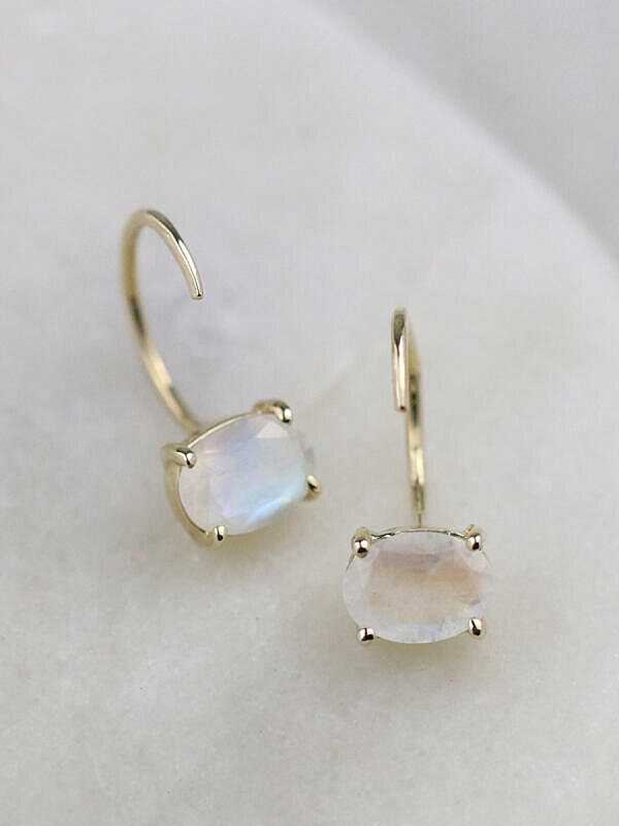 Stones & Gold Earrings | 7X5Mm Oval Moonstone Solid 14 Karat Gold Open Huggie